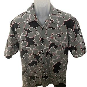 QUIKSILVER Grey Tropical Aloha Hawaiian Floral Collared Shirt Men M Medium